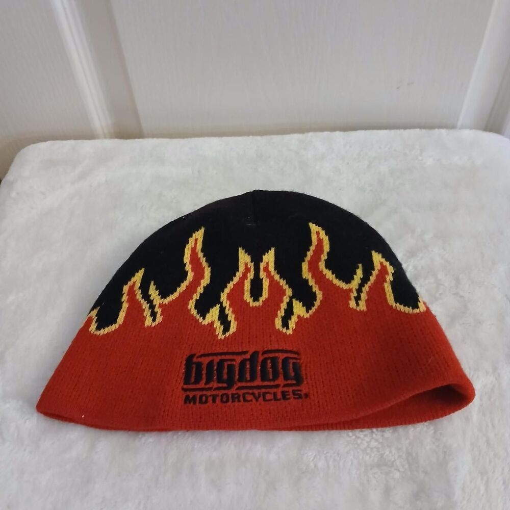 Y2K Vintage Big Dog Motorcycles Flame Beanie Hat One Size Biker Streetwear